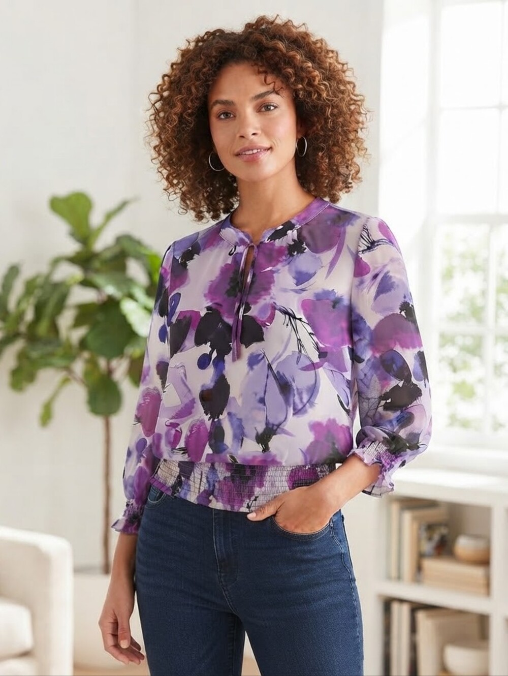 a.n.a Purple Floral Chiffon Blouse L Smocked Waist Boho Chic Workwear